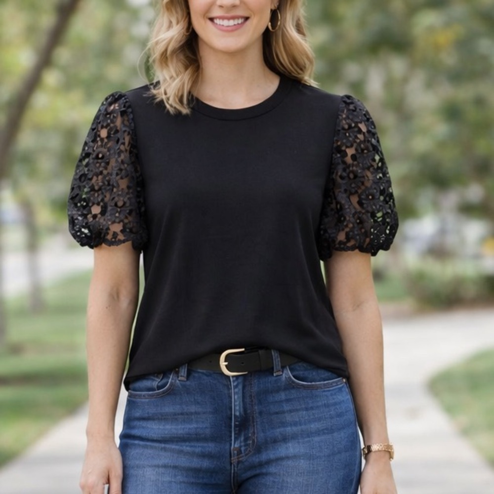 NWT Nicole Miller Black Ribbed Puff Short Sleeve top Sz XL $58